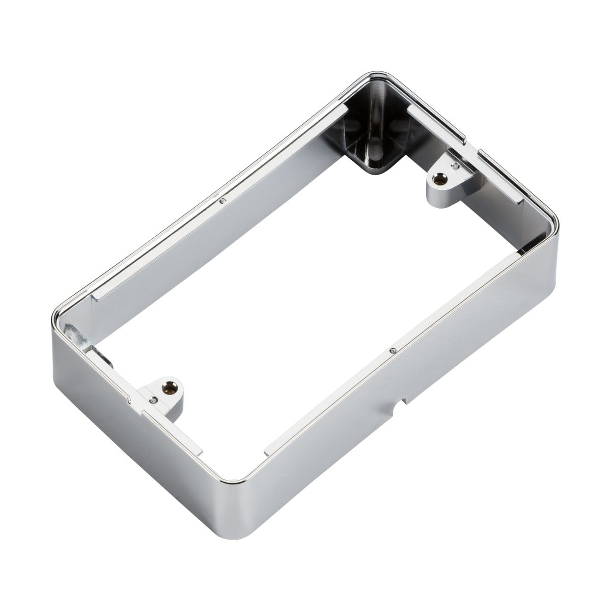 The 2 Gang Surface Box - Polished Chrome is a rectangular metallic frame with rounded corners and side mounting holes, featuring a screwless design and a polished chrome finish. Its smooth, shiny surface makes it ideal as a flat plate component for enclosing an electronic device.