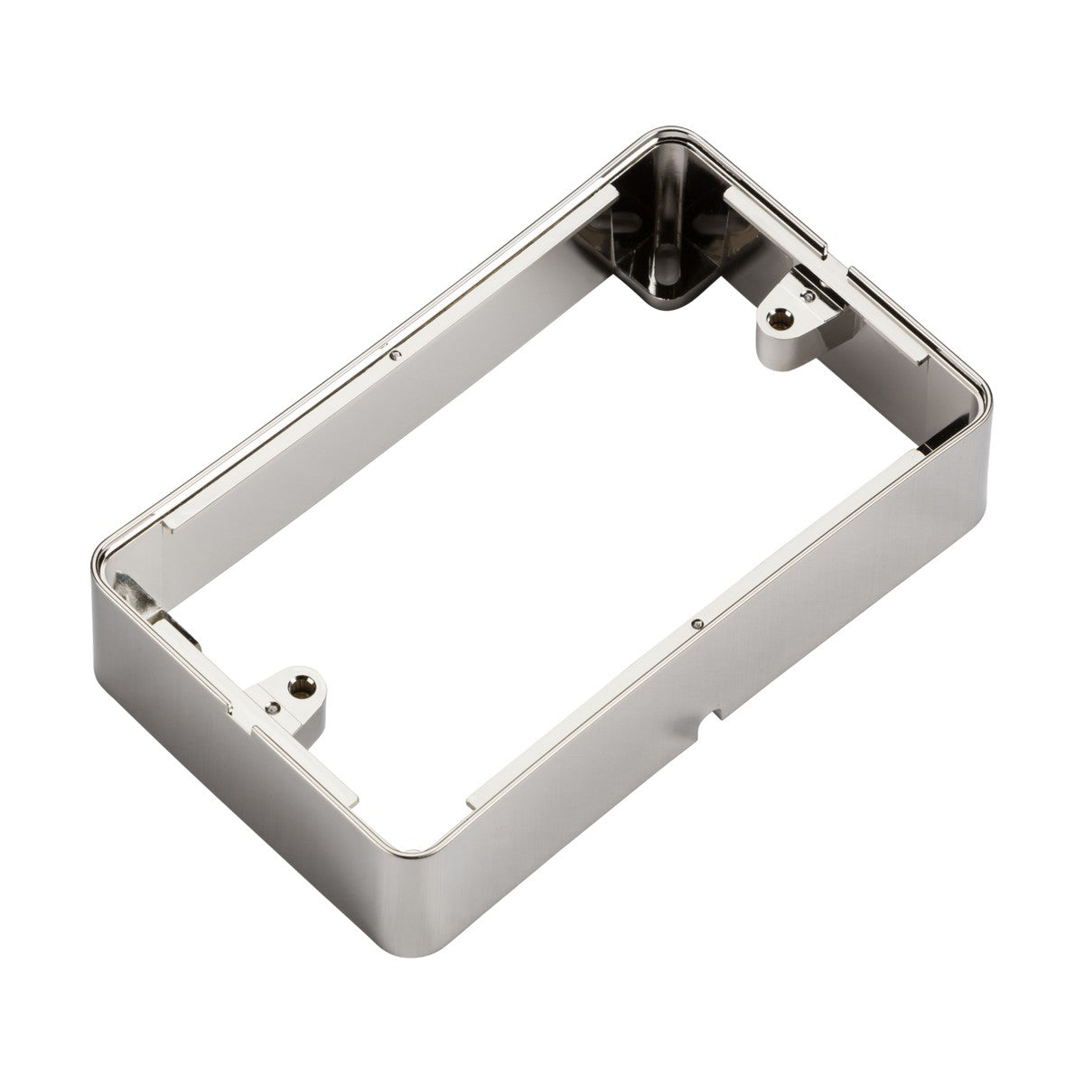 The 2 Gang Surface Box in brushed chrome is a rectangular silver metal frame with rounded corners. It includes two screwless mounting brackets on its shorter sides, boasts a smooth finish, and presents an open center to showcase its minimalist design.