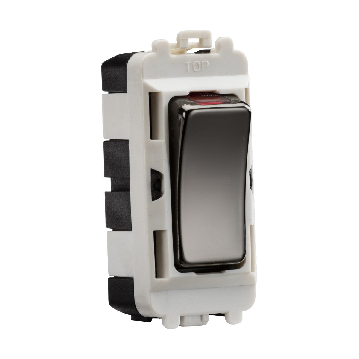 A close-up of a black rocker switch with a white frame highlights its top label and side details. Part of the stylish Knightsbridge Grid system, the 20AX DP Grid Module With LED Indicator in Black Nickel boasts a glossy finish and is designed for wall mounting.