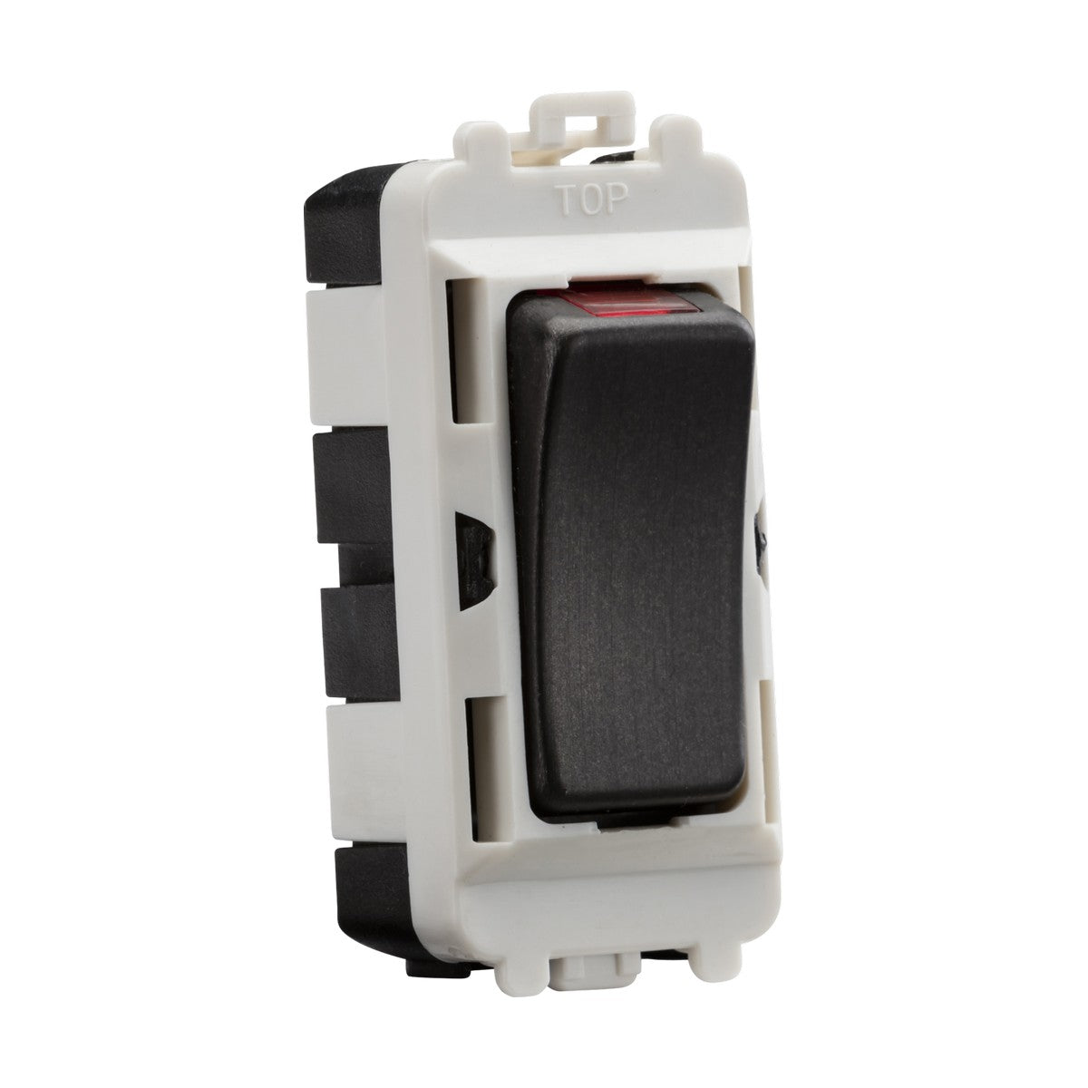 A close-up of the 20AX DP Grid Module with LED Indicator, featuring a black and white rocker switch with a red indicator, is mounted on a smoked bronze frame. The rectangular white unit has "20AX Double Pole" labeled at the top edge.