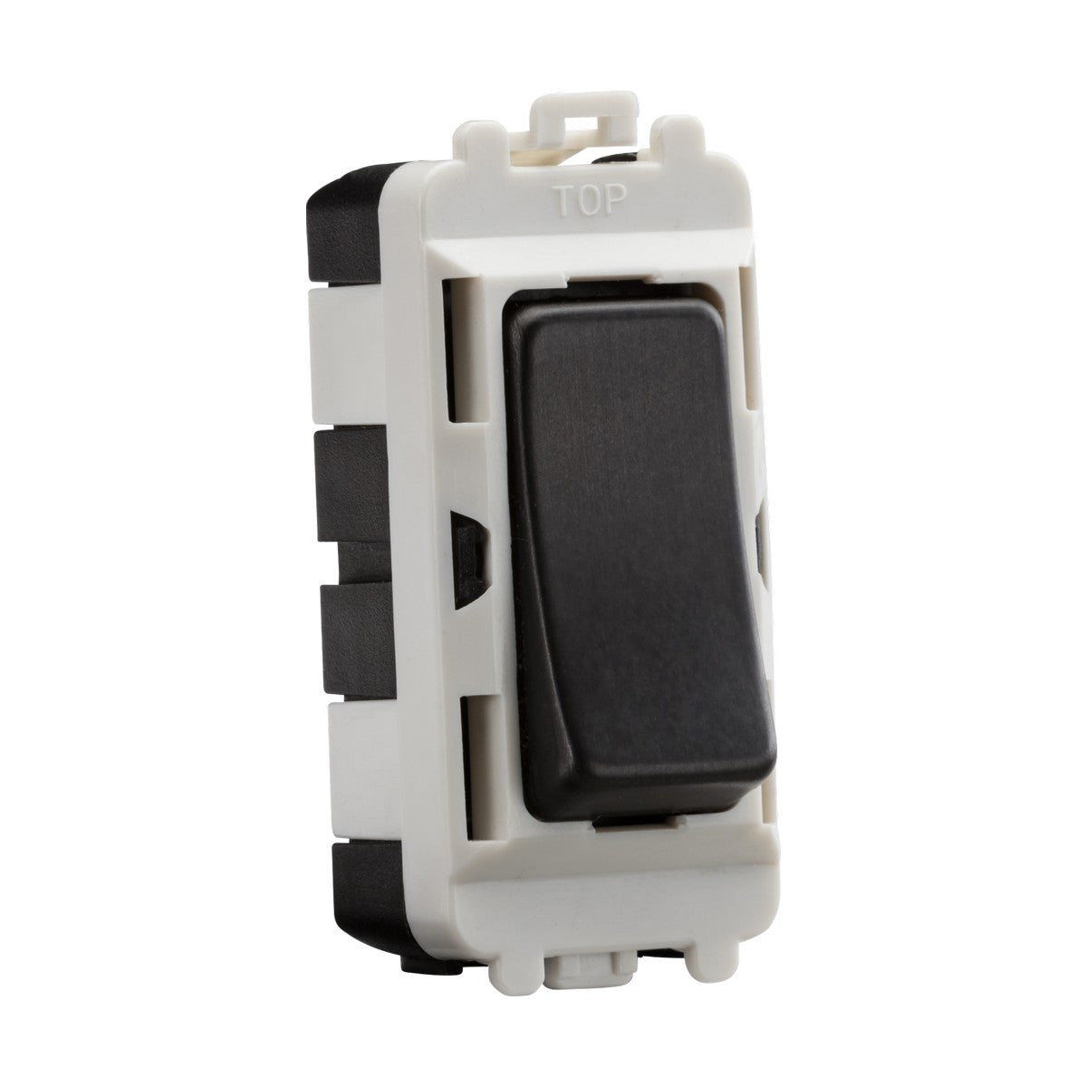The 20AX DP Grid Module in smoked bronze features a rocker switch with a TOP indicator, tailored for electrical installations. Enclosed in a white plastic frame accented with black, this double pole switch is compatible with the Knightsbridge Grid system, emphasizing its modular design flexibility.