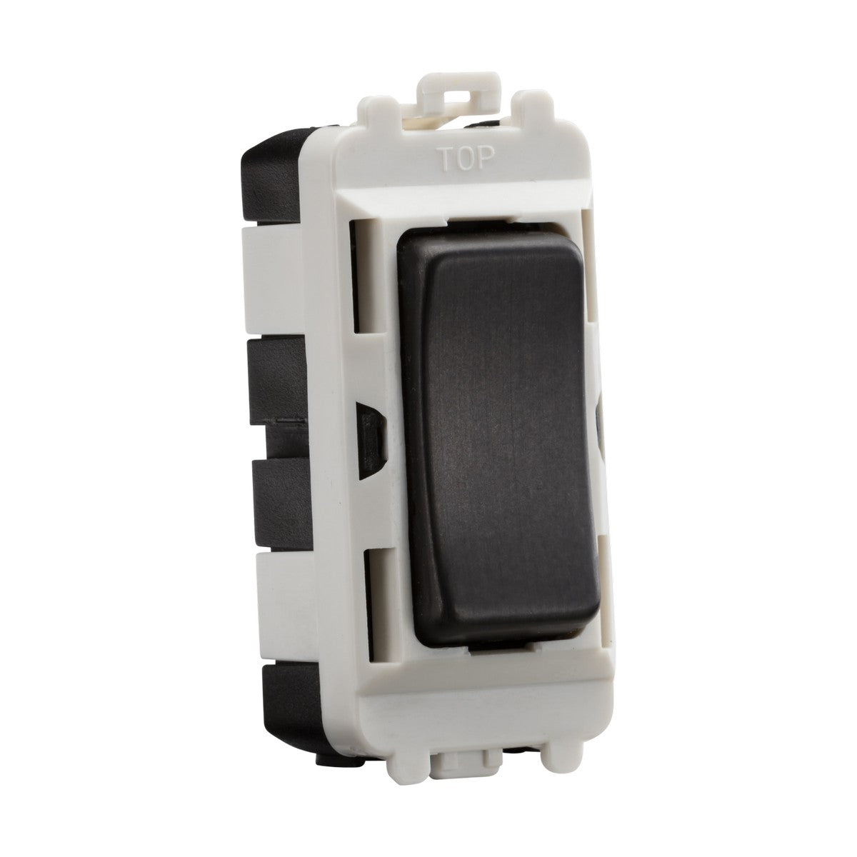 A smoked bronze rocker switch with a white plastic frame, labeled TOP at the top edge, is displayed standing upright at a slight angle. As part of the Knightsbridge Grid system, this 20AX 2 Way SP Module (Centre Off) features visible connections on the side, offering both functionality and style.