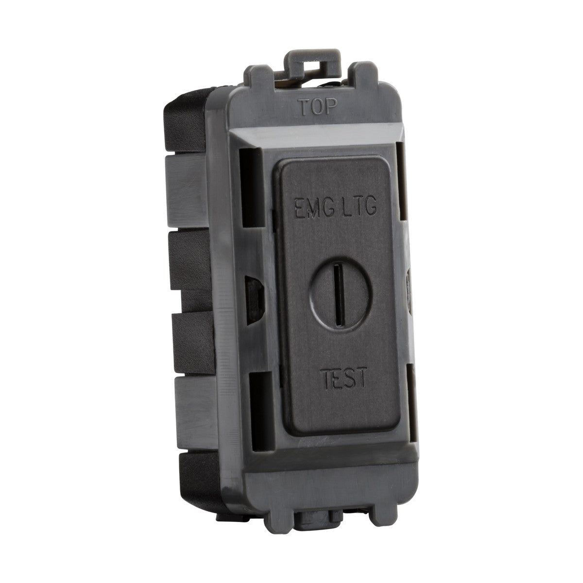 The 20AX 2 Way SP Key Module features the markings EMG LTG and TEST on its black surface. Part of the Knightsbridge Grid System, it is mounted on a rectangular base with "TOP" marked at the upper edge, showcasing an elegant smoked bronze finish.