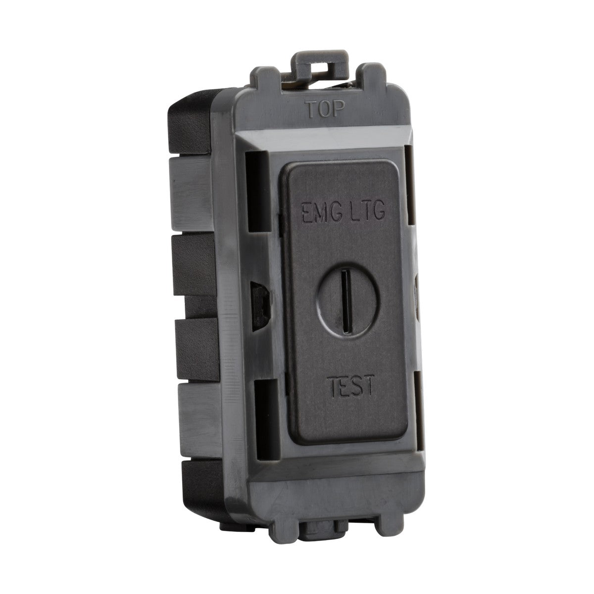 The 20AX DP Key Module from the Knightsbridge Grid System displays the words EMG LTG and TEST, featuring a textured dark gray surface with a smoked bronze finish. It is labeled TOP at the top edge, seamlessly blending function with style.