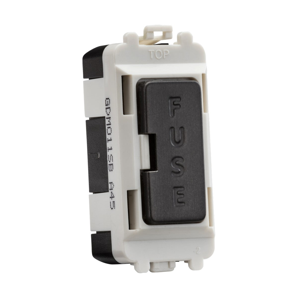 A close-up of a smoked bronze electrical fuse switch, embossed with "FUSE," highlights its role in appliance protection. Mounted on a white rectangular base with black side sections and marked "TOP" at the top, it's part of the Knightsbridge Grid system featuring a replaceable 13A fuse.