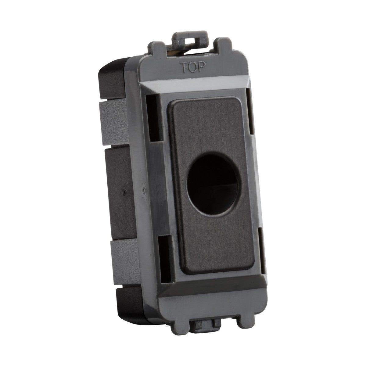 A rectangular electrical switch module in smoked bronze, designed with a circular hole at the center. This is part of the Knightsbridge Grid system, featuring a labeled TOP section and multiple connectors for straightforward installation, ensuring appliance protection with its durable construction.