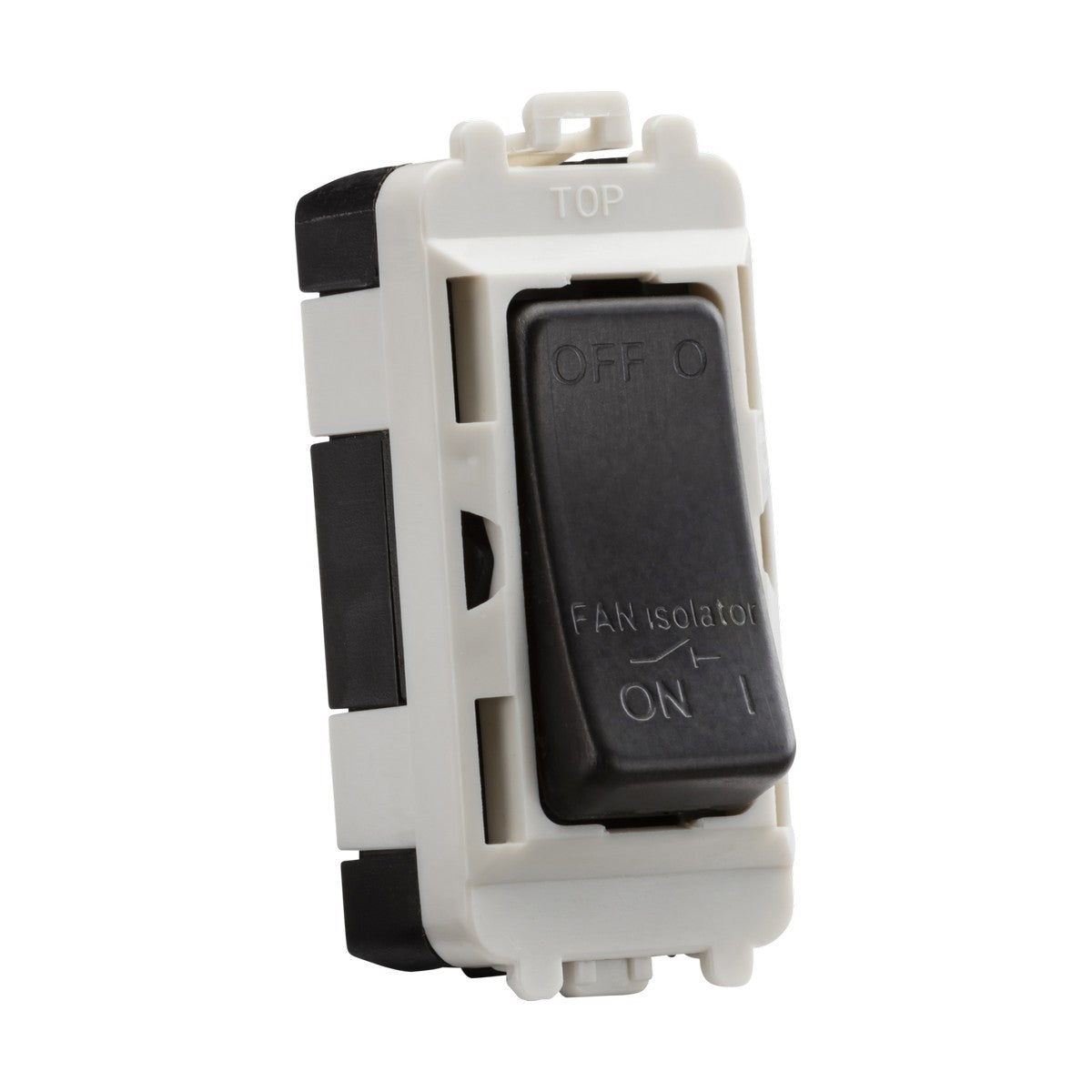 A 10A fan isolator module, part of the Knightsbridge Grid system, features ON and OFF settings and is mounted in a sleek smoked bronze frame. The switch is centrally positioned with 'isolator' elegantly printed on it, offering a modern touch to any room.