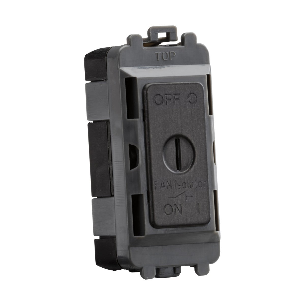 Close-up of a smoked bronze fan isolator switch module from the Knightsbridge system, featuring a toggle for selecting between OFF and ON settings. The switch includes a label showing the TOP side and is encased in a rectangular design with triple pole functionality.