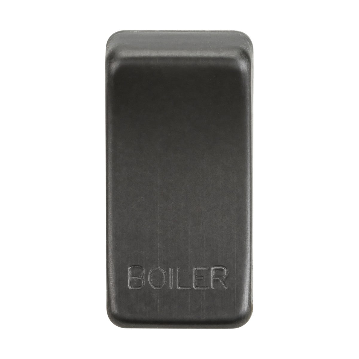 A rectangular button in a smoked bronze finish marked "BOILER," featuring interchangeable rocker covers, with a slightly raised surface and a smooth texture.