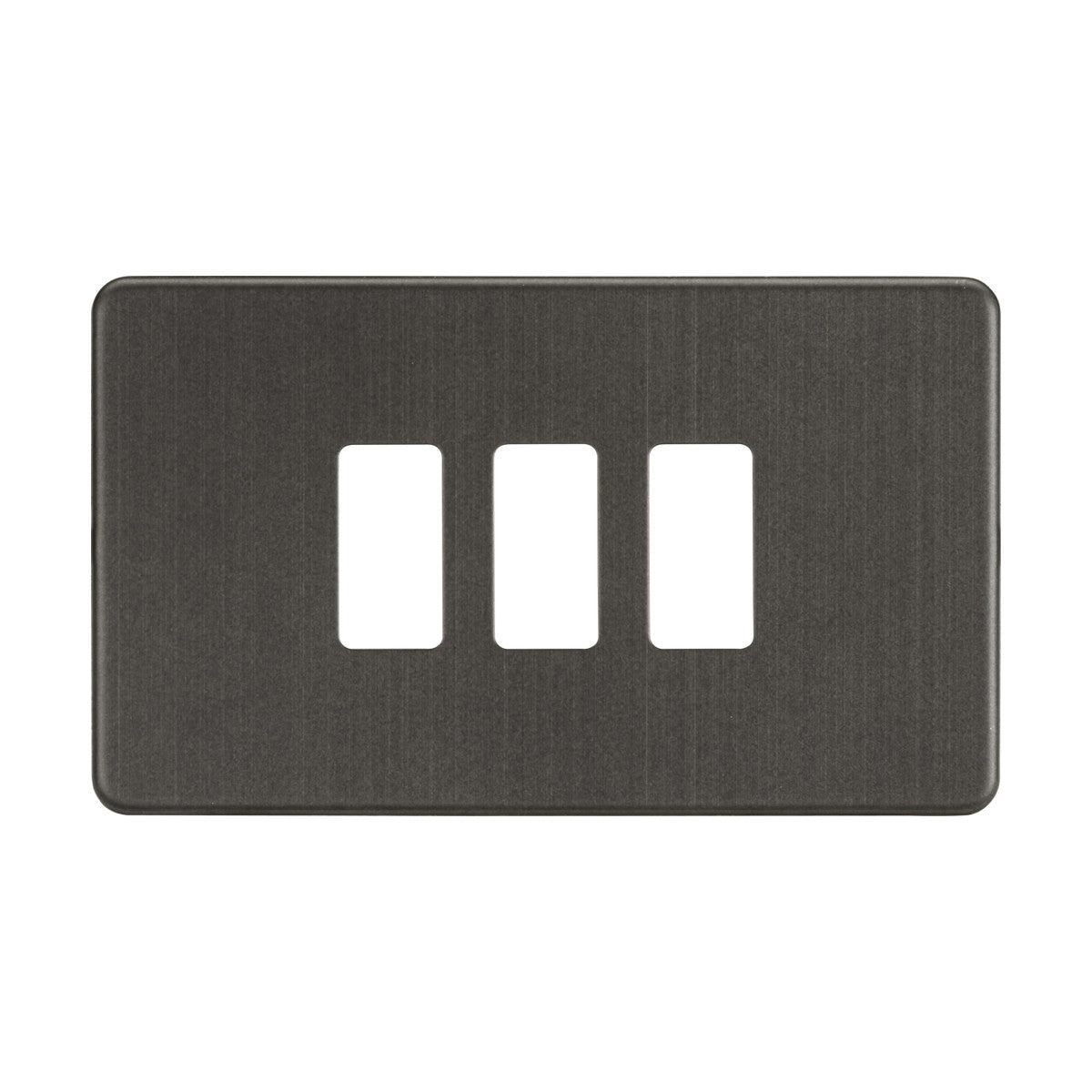 The Screwless 3 Gang Grid Faceplate in smoked bronze is a rectangular light switch plate made from premium-grade steel. It features three rectangular openings for switches and boasts a sleek, modern design with a screwless finish against a white background.
