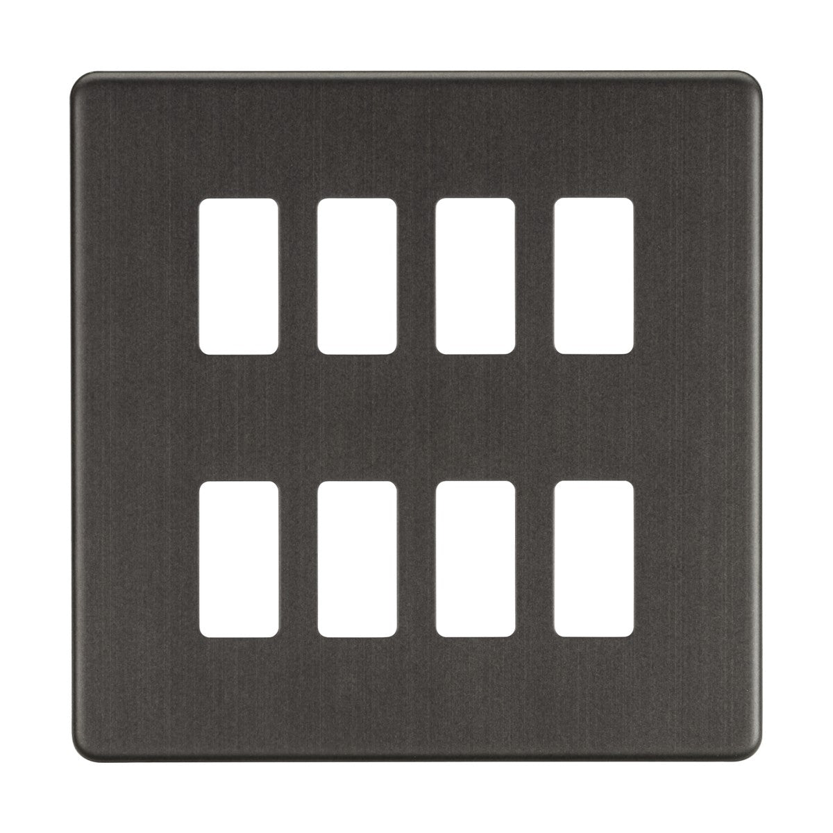 The Screwless 8 Gang Grid Faceplate in Smoked Bronze showcases eight rectangular openings, arranged in two rows of four, and boasts a brushed finish. Constructed from premium grade steel, this grid wall plate offers a sleek and modern aesthetic to any room.