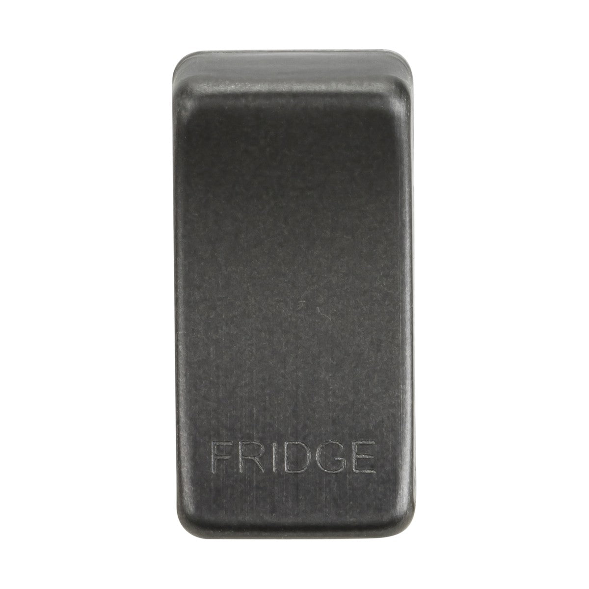 The Switch Cover "Marked FRIDGE" in Smoked Bronze presents a sleek touch with its dark rectangular design and pre-printed "FRIDGE" label at the bottom, set against a white background.