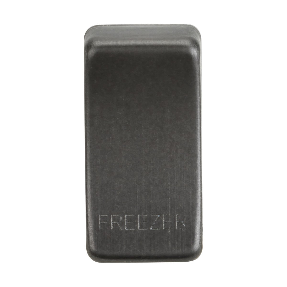 A close-up of the smoked bronze rectangular object labeled "FREEZER" is captured, showcasing its sleek and modern matte finish. This piece, resembling interchangeable switch covers, suggests versatility and is set against a plain white background for a contemporary look.