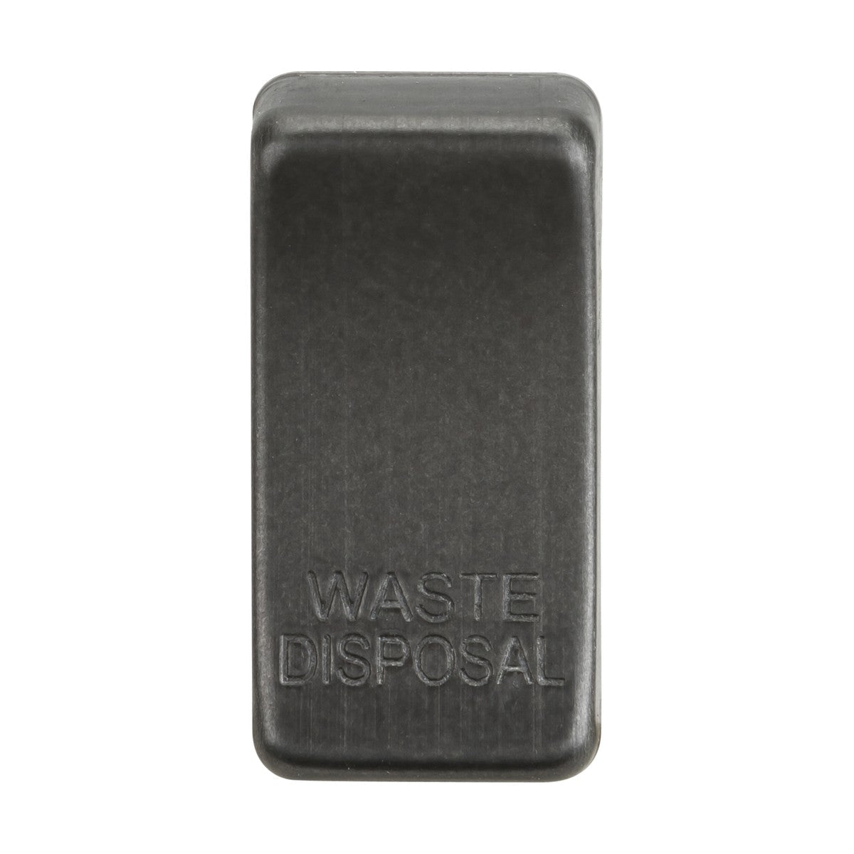Introducing the Switch Cover "Marked WASTE DISPOSAL" in Smoked Bronze: A black switch cover featuring raised text that reads "WASTE DISPOSAL." Its sleek smoked bronze finish enhances the smooth, rectangular design with slightly rounded edges, bringing an elegant touch to complement rocker covers. Rated IP20, it's perfect for indoor use.