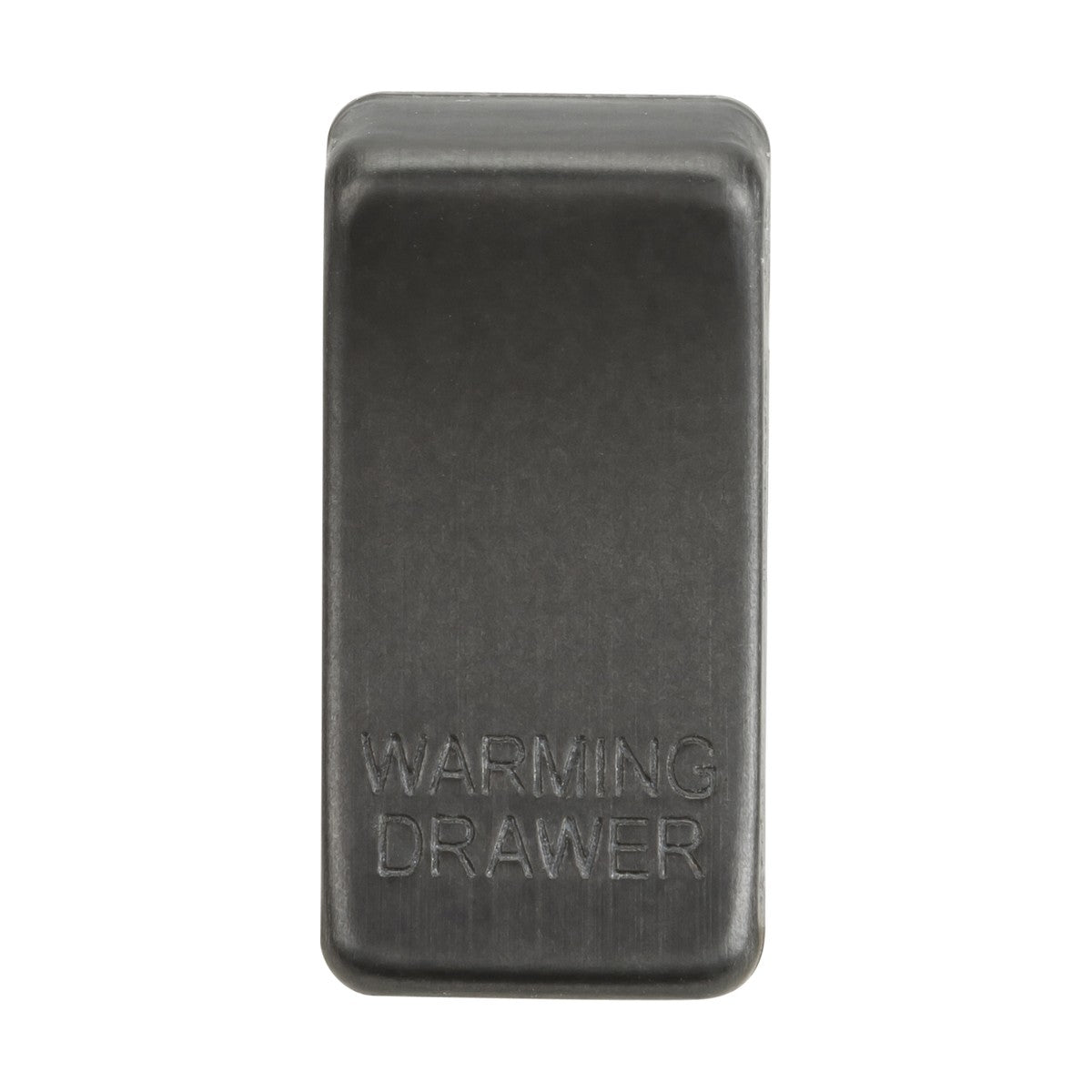 Close-up image of a smoked bronze switch cover, featuring interchangeable rocker covers with the words "WARMING DRAWER" embossed on it. The cover has a simple rectangular shape and a smooth surface.