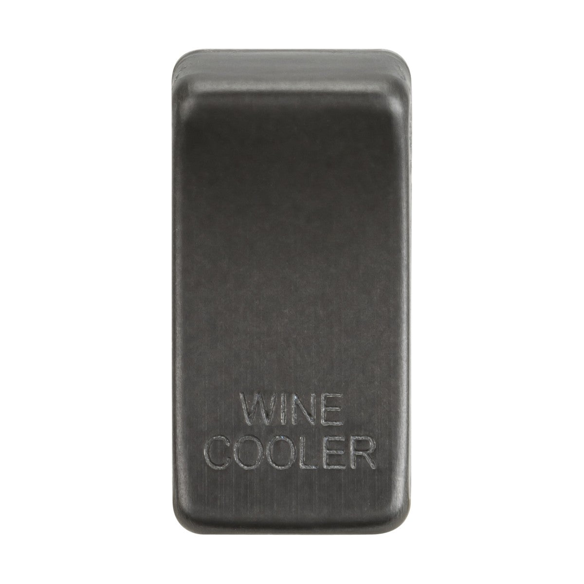 A sleek rectangular switch cover, marked with "WINE COOLER" and featuring a dark gray smoked bronze finish, is crafted from metal. Displayed against a plain white background, this stylish piece showcases modern aesthetics.