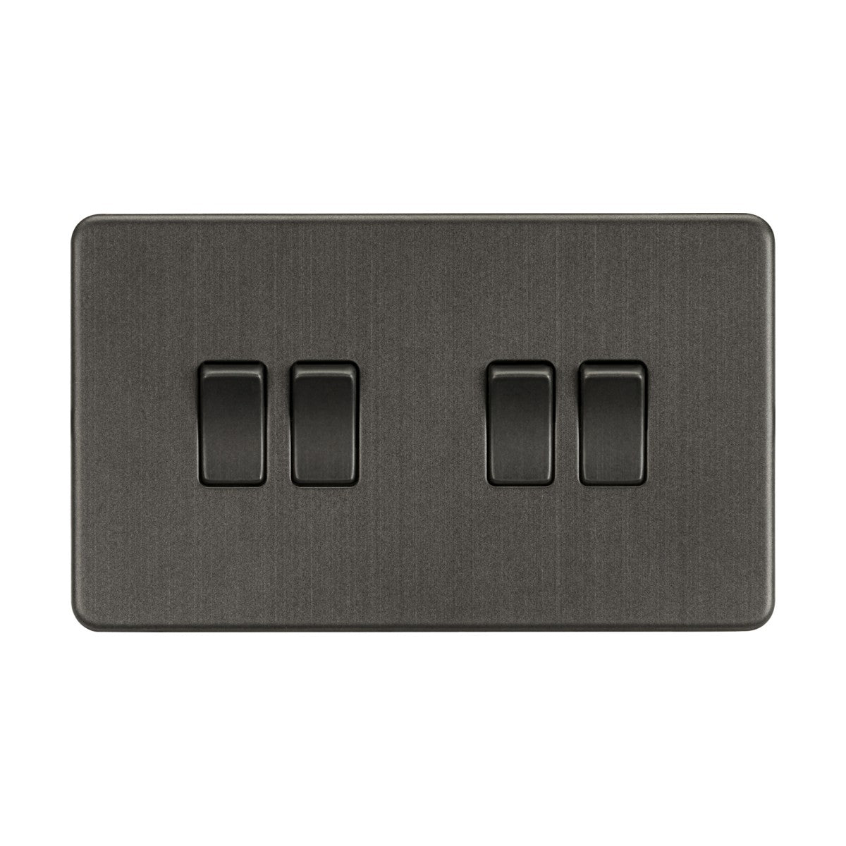 A smoked bronze 4-gang switch panel with a screwless design, crafted from premium-grade steel against a white background, features four evenly spaced switches in the off position—perfect for modern interiors.