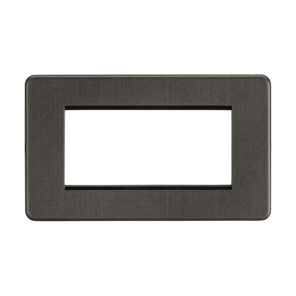 Displayed against a white background, the 4 Gang Modular Faceplate in smoked bronze features a central opening suited for a double light switch or electrical outlet. Its screwless design enhances its sleek and modern aesthetic.