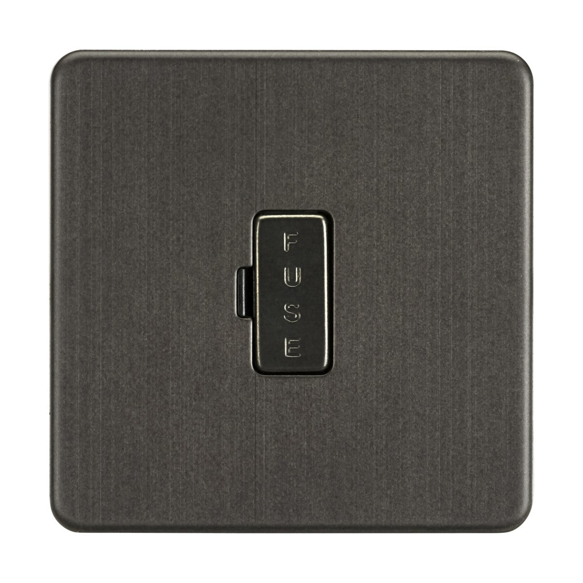 The 13A Fused Spur Unit in Smoked Bronze features a square black switch marked FUSE vertically, set on a matte black plate with subtle horizontal lines. Its screwless low-profile design adds sophistication and blends effortlessly into any space.