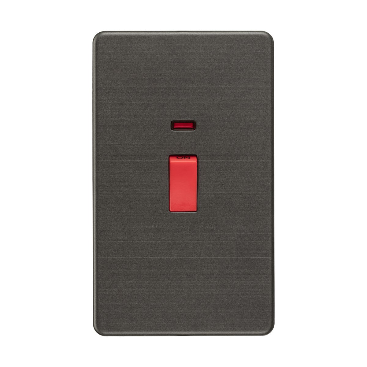 The 45A DP Neon Switch (2 Gang Size) in Smoked Bronze boasts a sleek rectangular design with a central red switch and a small red indicator light above it. Its screwless finish against a plain white background exudes modern elegance and functionality.