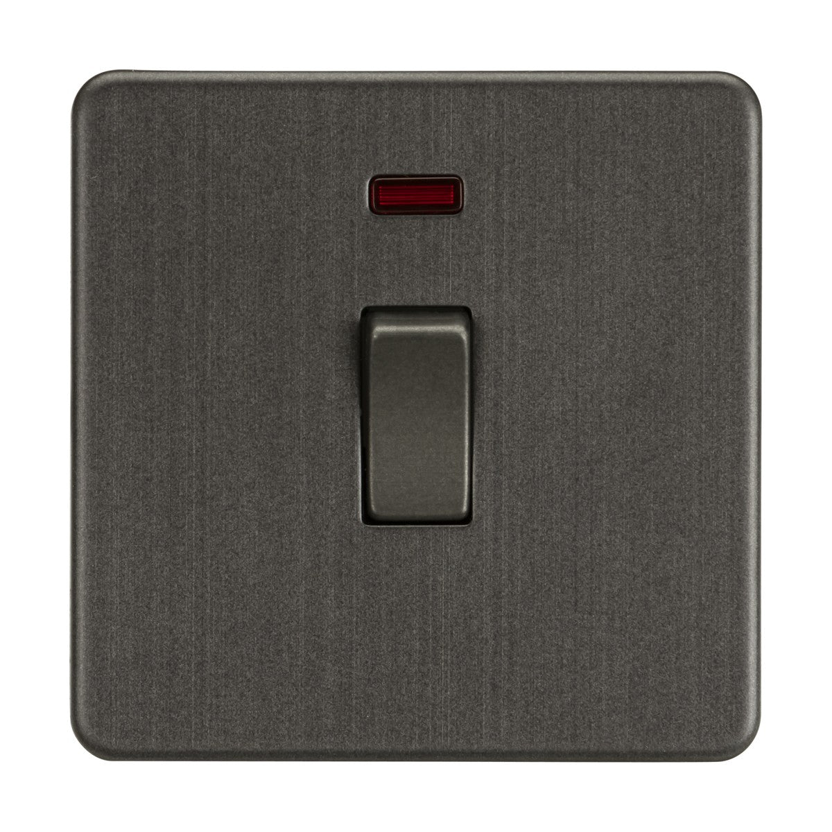 The 20A 1 Gang DP Switch Neon in smoked bronze features a minimalist screwless design on a dark wall plate. With the switch in the off position, the red indicator above it stands out, and its smooth texture enhances the elegance of its surroundings.
