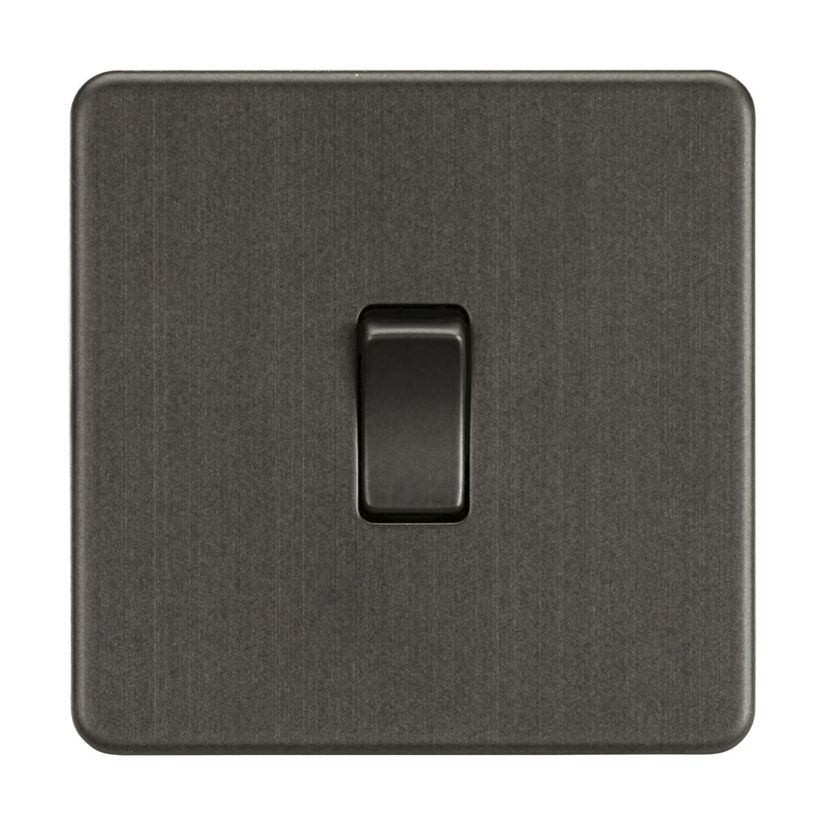 The 10AX 1 Gang 2-Way Switch in smoked bronze features a screwless design with a black square light switch and matte finish, elegantly centered for a sleek look. It blends functionality with style against a plain background.