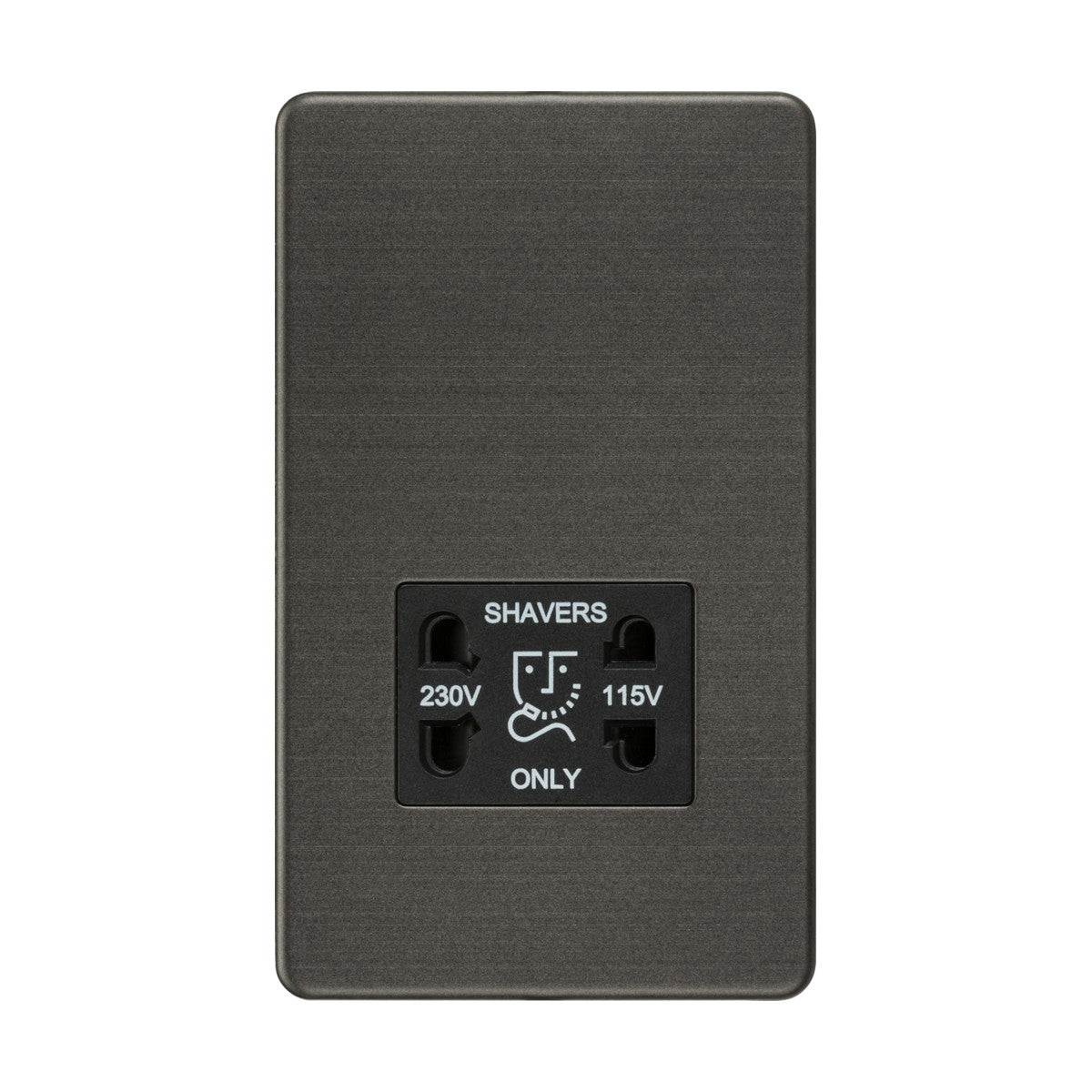 The 115V/Dual Voltage Shaver Socket in Smoked Bronze with a black insert and screwless design features a minimalist, dark, rectangular shape. It displays SHAVERS ONLY with a shaver graphic and dual voltage options of 230V and 115V.