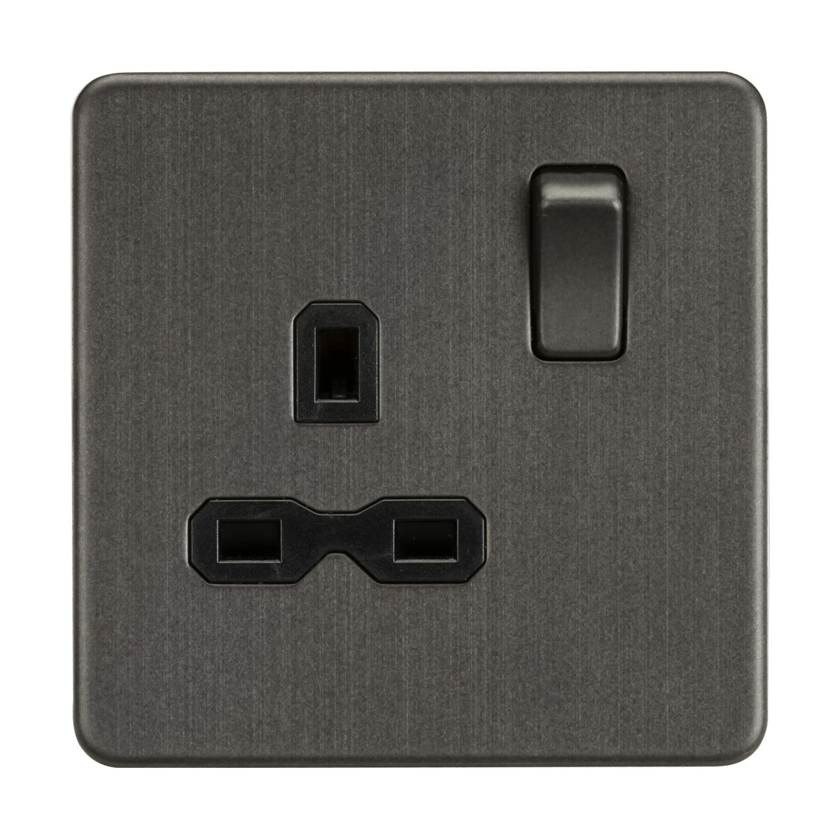 The 13A 1 Gang DP Switched Socket in smoked bronze features a square design with a black insert, three-pin outlet, and right-side switch. Its screwless plate provides a modern touch, and the surface has a brushed texture.