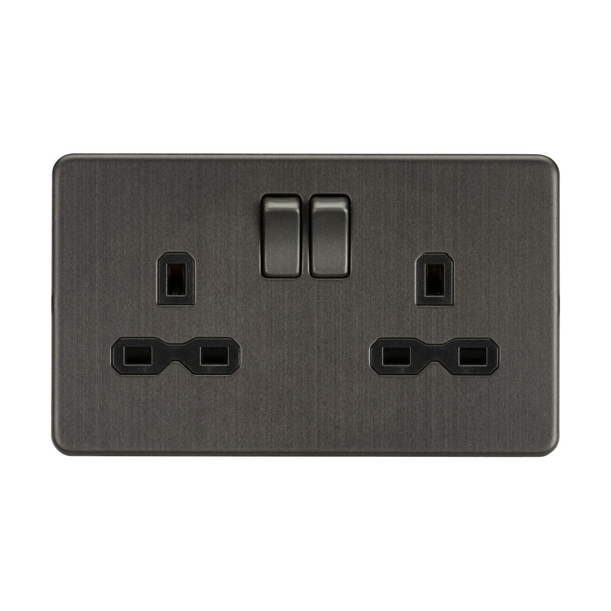 The 13A 2 Gang DP Switched Socket With Twin Earths in smoked bronze, featuring a black insert and screwless design with two switches and outlets, enhances modern interiors against a pristine white background.
