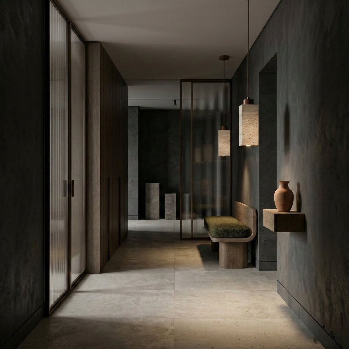 A minimalist hallway with dark walls features a wooden bench, a green cushion, and the Zerano 1 Light Rectangular Travertine Single Pendant Light in walnut brown & light beige. A wall shelf with a ceramic vase, glass partitions, and stone flooring complete the serene look.