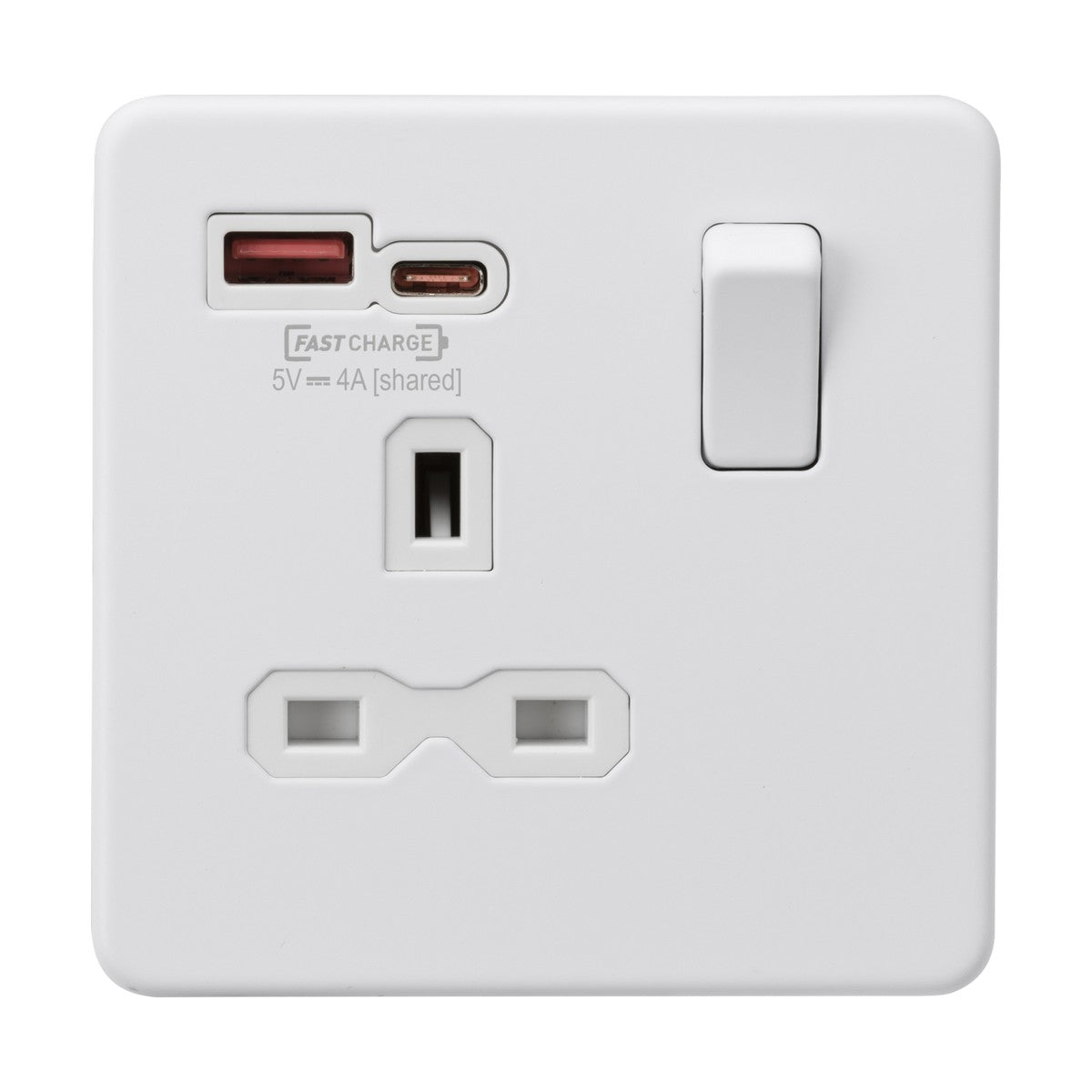 This is a 13A 1 Gang SP Switched Socket with Dual USB A+C ports, in a sleek matt white finish and screwless design. It includes a standard three-pin outlet, supports PD and QC charging protocols with Over Voltage Category III safety, and features a switch on the right side. The FASTCHARGE label above the USB ports notes that the shared output is 5V at 4A.