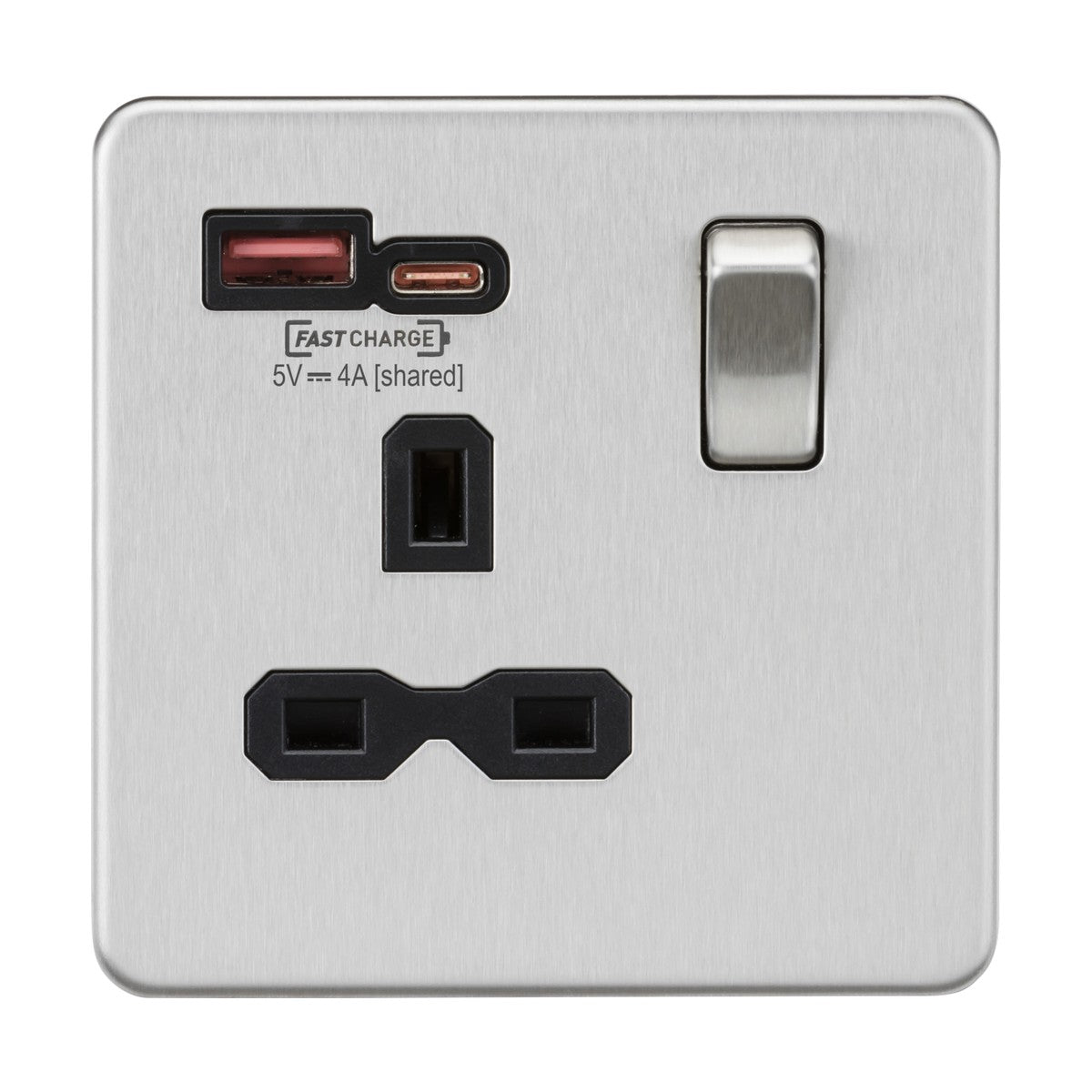 The Brushed Chrome 13A 1 Gang SP Switched Socket with Dual USB A+C features FASTCHARGE technology, offering a Type-A and a Type-C USB port labeled Fast Charge 5V 4A (shared). It includes a two-prong socket and a switch on the right, all designed to comply with Over Voltage Category III standards.