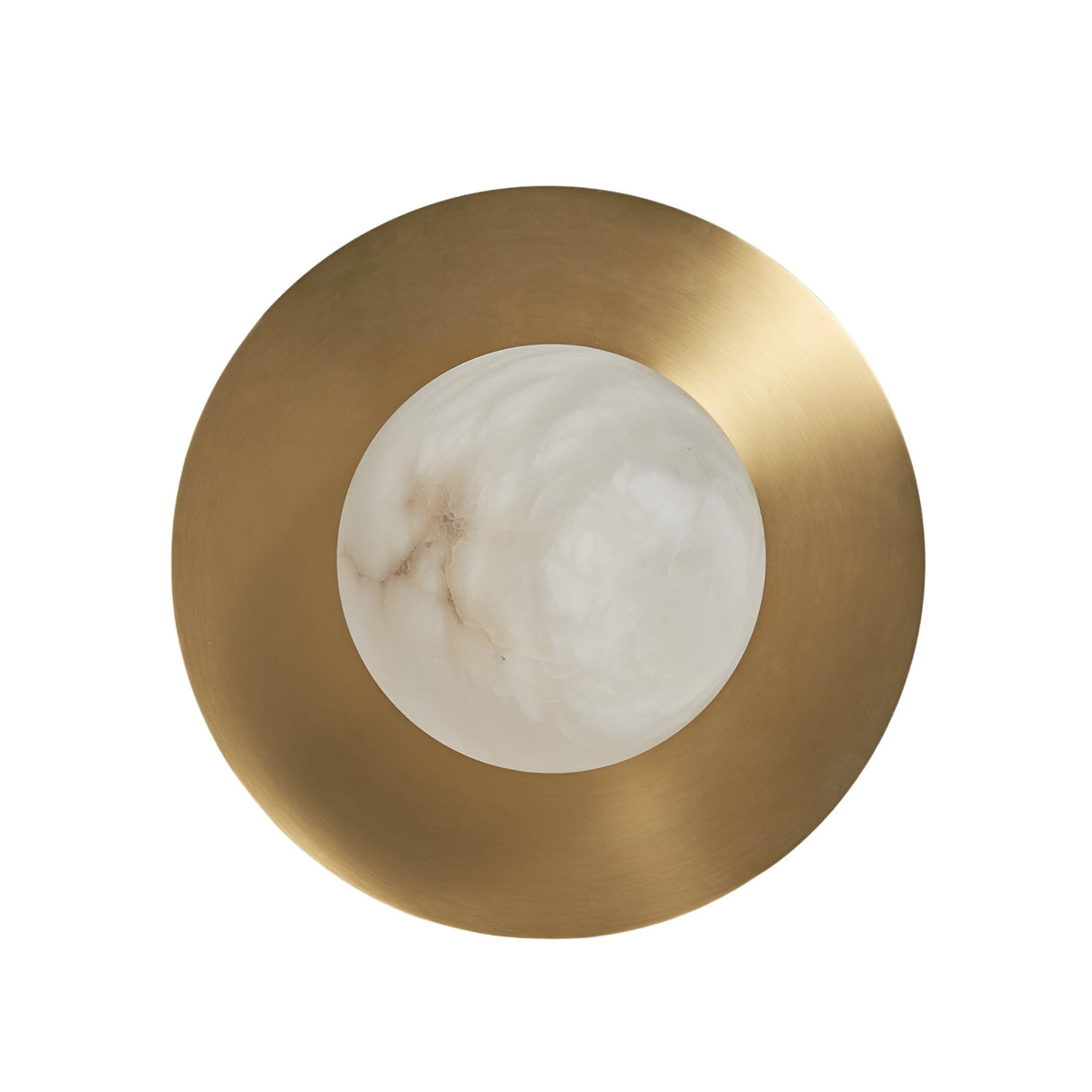 The Orvani 1 Light Globe Alabaster Wall Light features a central soft white alabaster dome set within a wide, circular brushed brass frame, viewed from above against a white background.