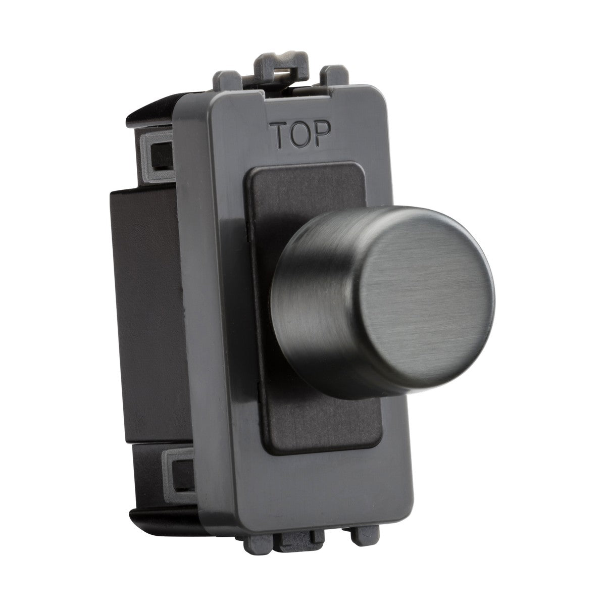 The 6A 1 Gang 2-Way Dummy Dimmer Module - Smoked Bronze features a smooth, rounded knob and has the word TOP embossed above it, indicating the correct orientation. This smoked bronze rotary dimmer switch is designed for easy installation in an electrical outlet or wall plate.