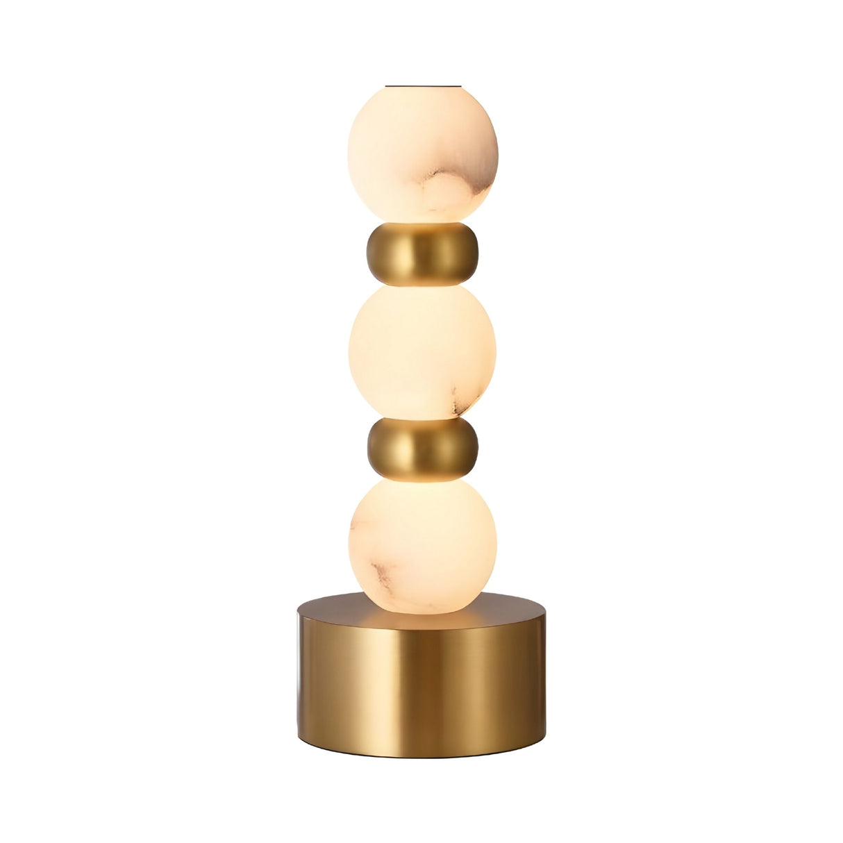 The Orbelya 1 Light Stacked Alabaster Table Lamp in Soft White & Brass features three marble-like globes stacked with brass spheres on a cylindrical gold base, offering a modern and elegant sculptural accent.