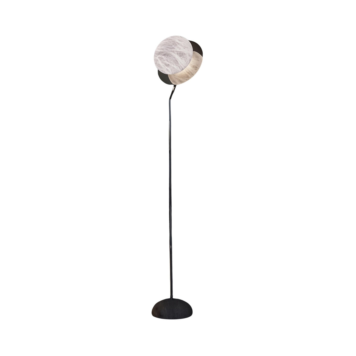 The Selvano 1 Light Globe Alabaster Floor Lamp features a sleek matte black stand and a soft white globe shade, resembling a moon, set against a plain white background.