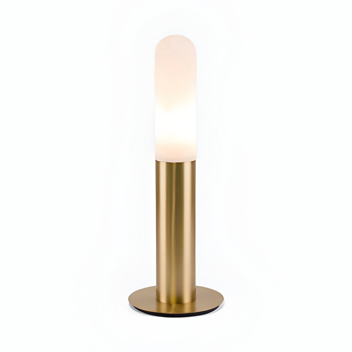 The Altessa 1 Light Large Vertical Alabaster Table Lamp features a modern brass base, cylindrical design, and an elongated frosted alabaster shade that emits soft white light, shown against a plain white background.