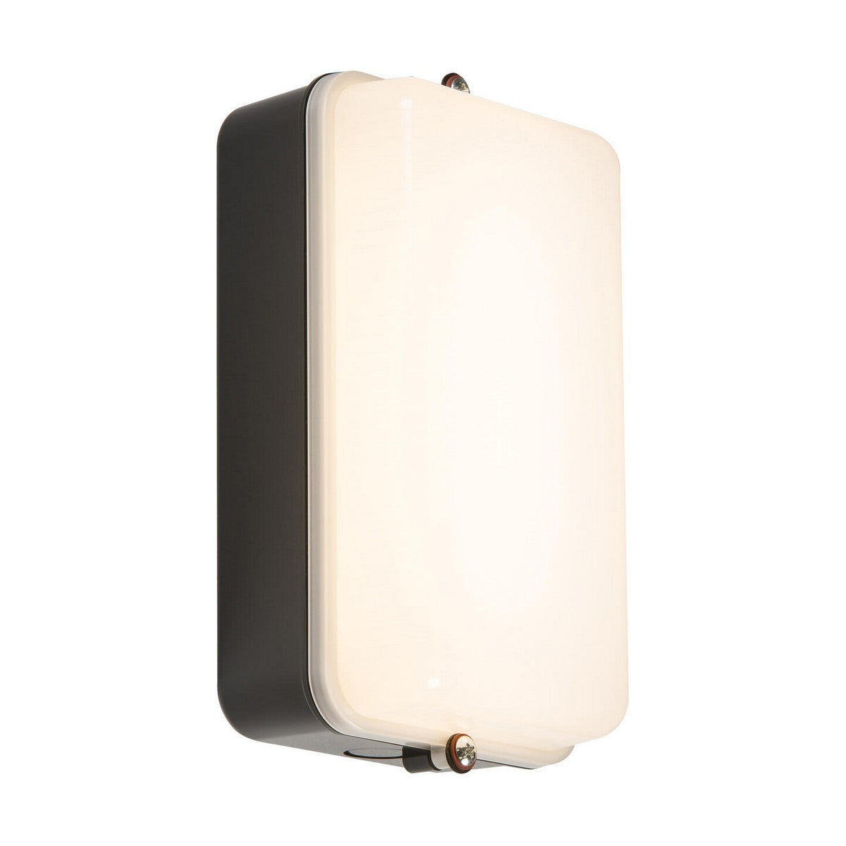 The 5W Outdoor Security Bulkhead with Daylight Sensor boasts an energy-efficient design and comes in a rectangular wall-mounted style. It features a frosted white front cover complemented by a sleek black metallic frame, rounded edges, and two small screws at the top and bottom, making it ideal for outdoor applications.