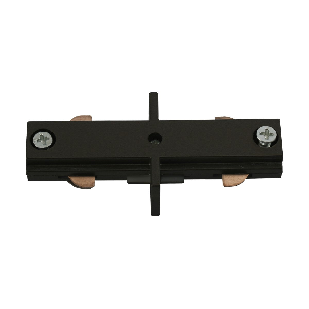 The Track In-Line Connector - Black is a black connector made with polycarbonate construction and features two copper contacts, designed for joining lighting tracks. It is part of the TRKSPxx series and has a rectangular single circuit connector with a cross-shaped profile visible from the top.