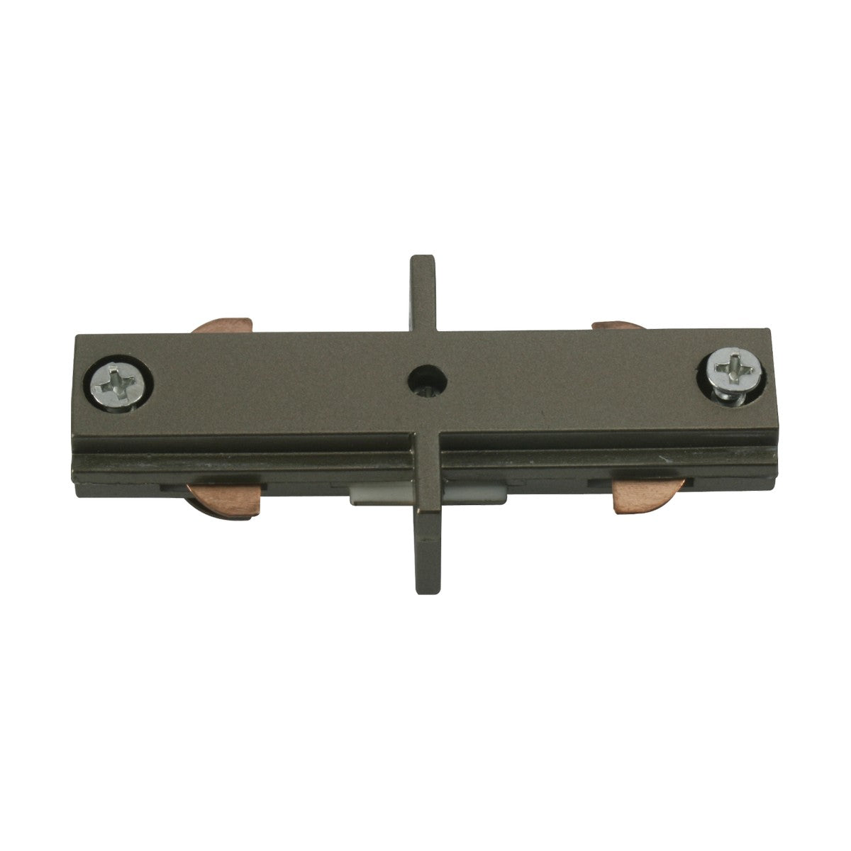 A Track In-Line Connector in satin nickel with two visible screws and copper contacts, featuring a central connector designed for seamless integration with track lighting systems, and part of the TRKSPxx series.
