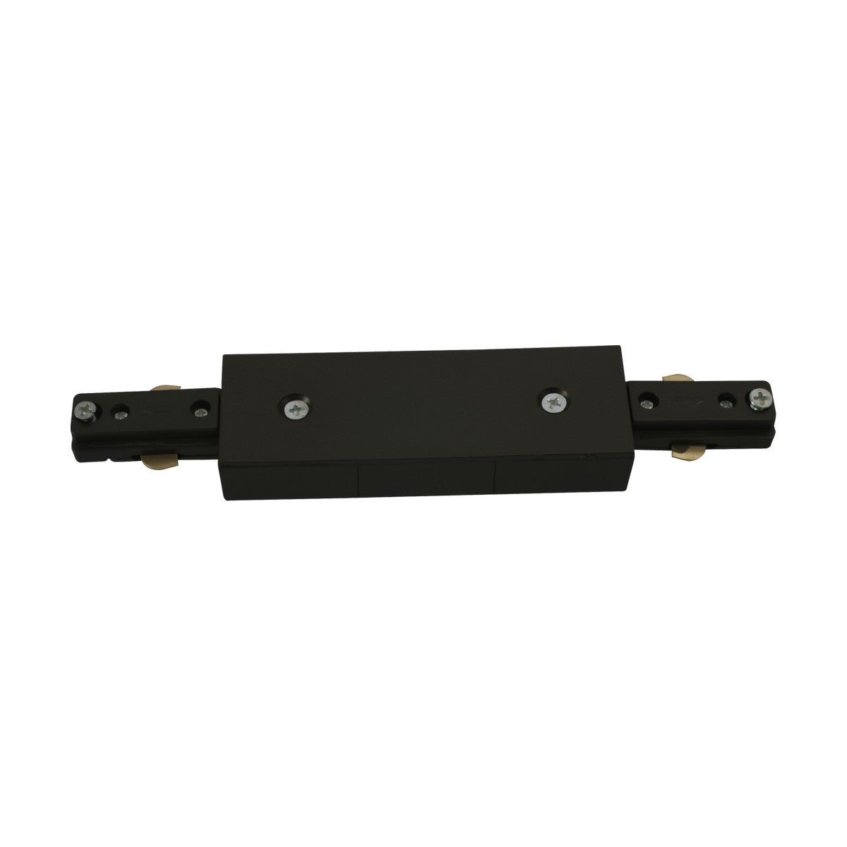 The Track Connector - Black from the TRKSPxx series features a rectangular design with a flat surface, two metal ends, and four visible screws. This sleek black rail slider acts as a central connector, stylishly displayed against a plain white background.