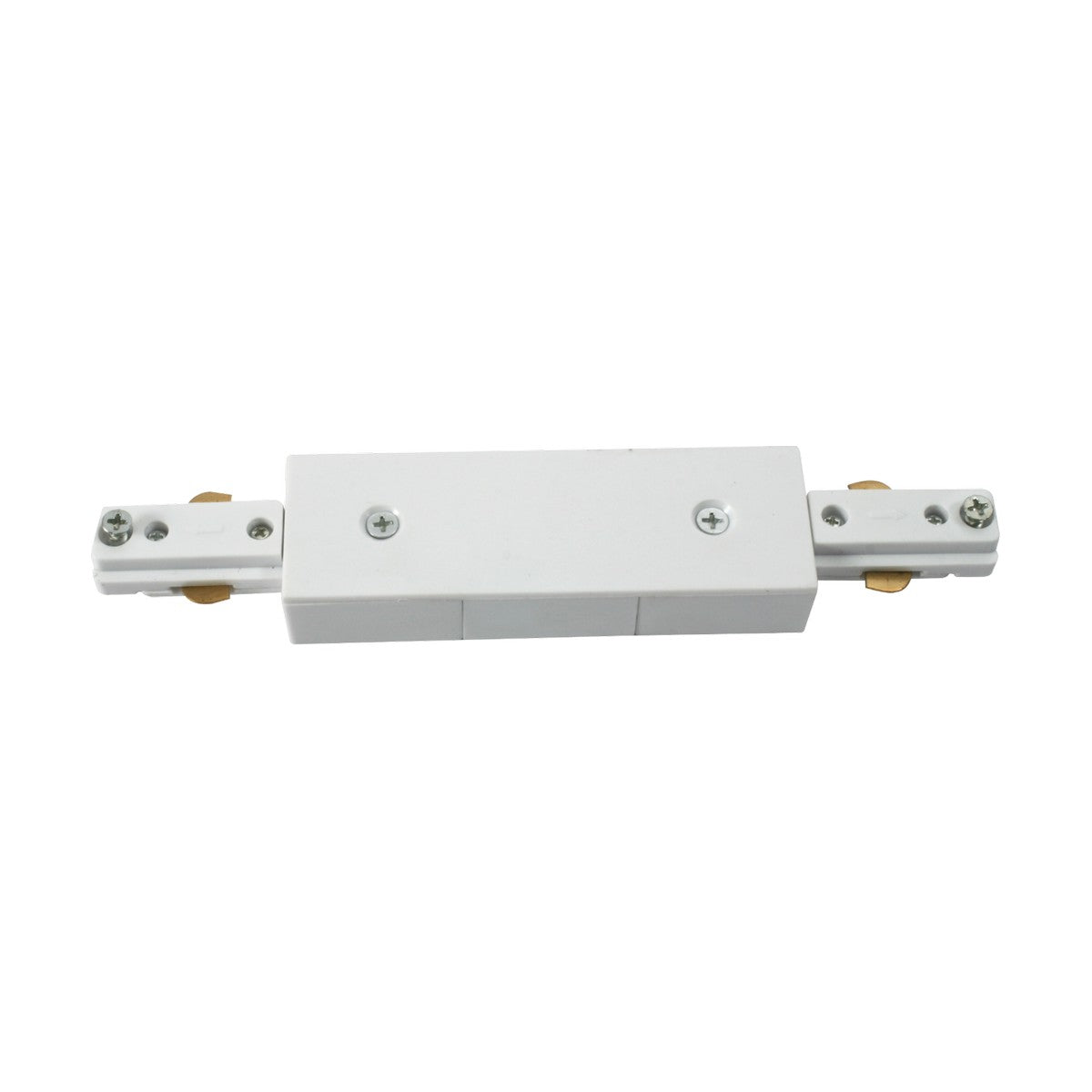 The Track Connector - White series includes a straight power track connector with metal contact points on both ends, which is crucial for electrical track lighting systems. This central connector comes with screws for secure attachment, guaranteeing a dependable power supply throughout your setup.