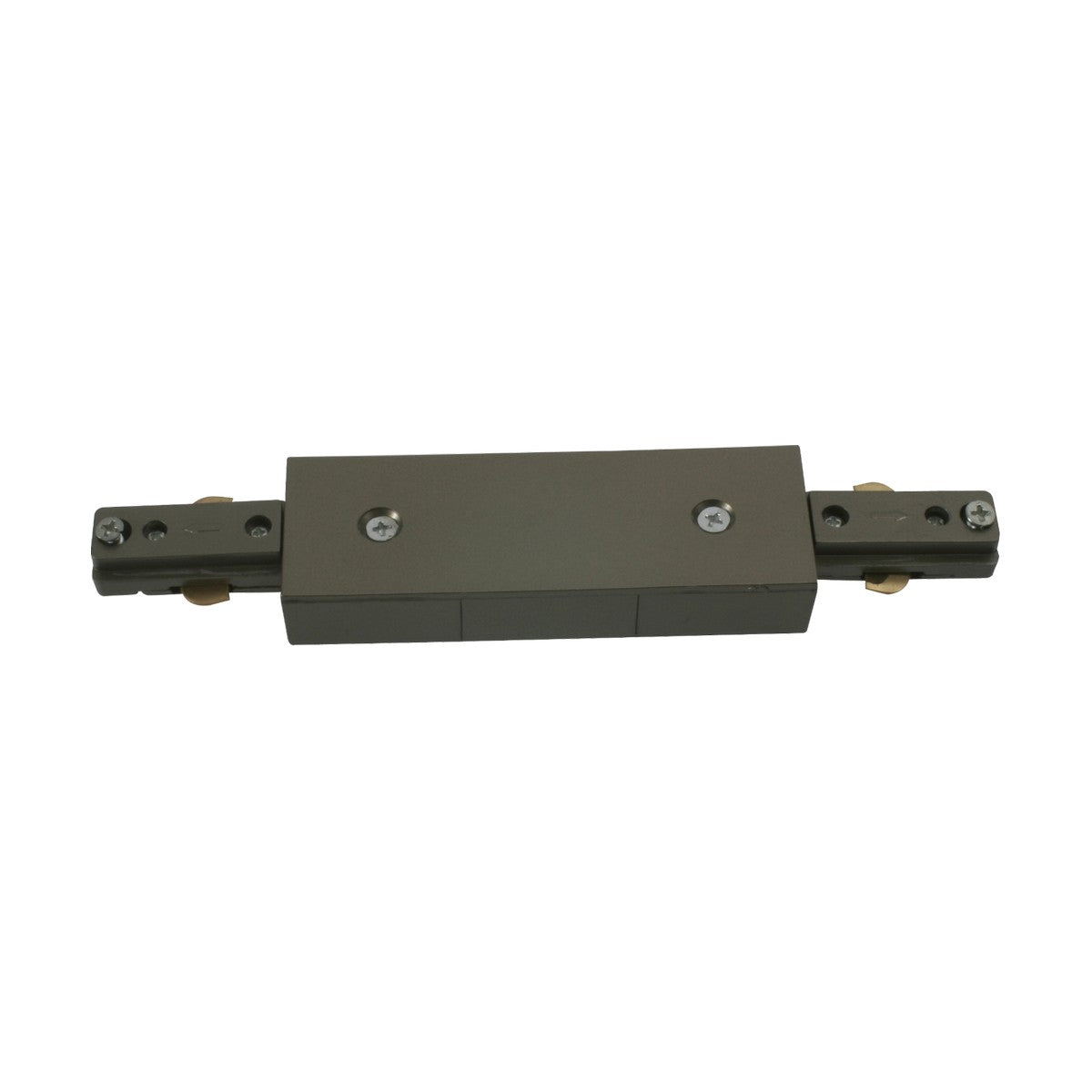 The Track Connector - Satin Nickel in dark gray is a rectangular linear motion rail that includes a central connector and two end extensions, each equipped with mounting holes. Its surface features a satin nickel matte finish with visible screw heads, enhancing its functionality and aesthetics.