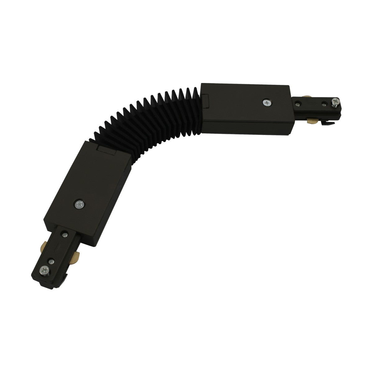 A central power feed product from the Single Circuit Track series, this black adjustable track flexible connector showcases two rectangular ends connected by an accordion-style bendable section, ideal for angular adjustments in power tracks. This item is isolated against a white background.