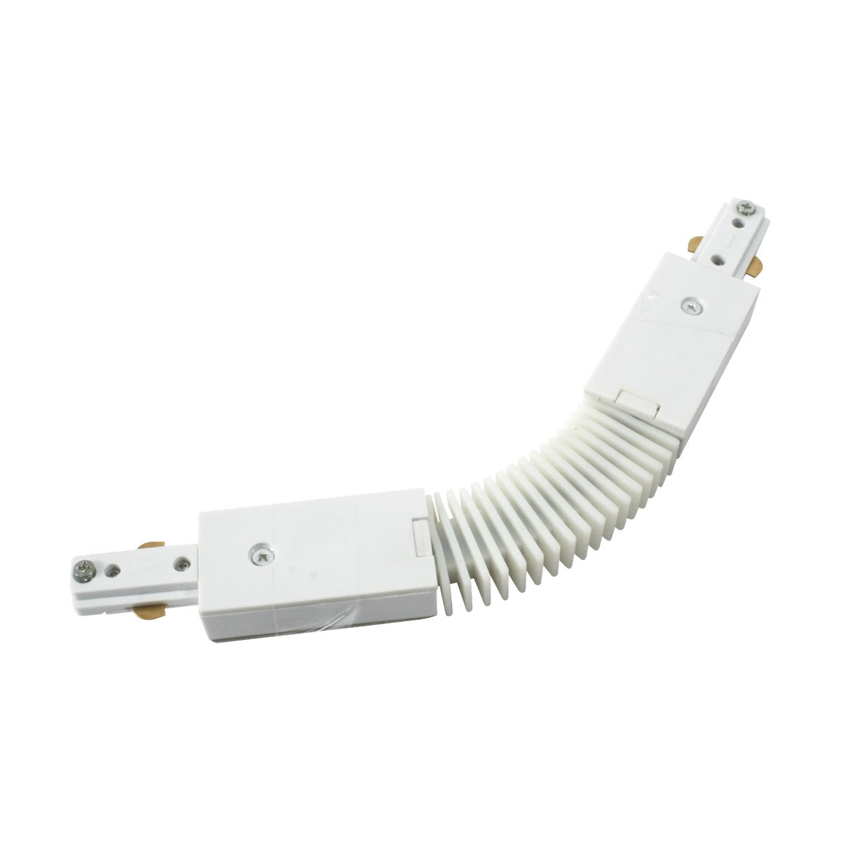 The Single Circuit Track Flexible Connector 230V - White is designed with a ribbed, bendable section that makes it perfect for connecting power tracks at various angles. It features flat ends equipped with metal connectors on each side, allowing it to serve as a central power feed for smooth integration into track lighting setups.