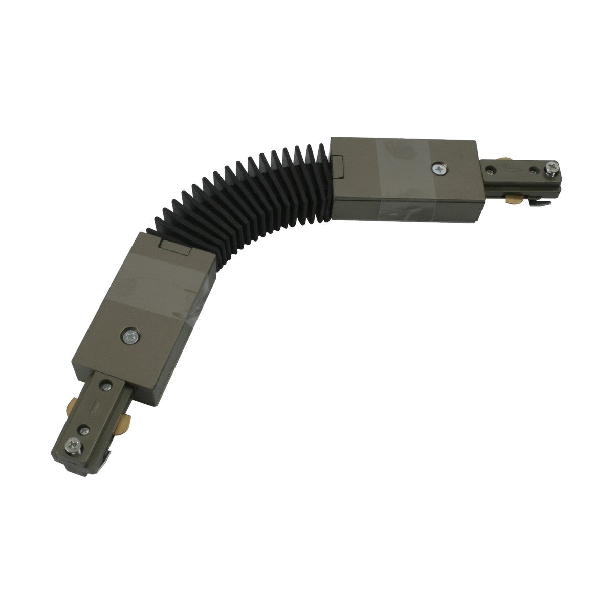 A Single Circuit Track Flexible Connector in Satin Nickel, featuring an L-shaped design with a black accordion-like middle section and rectangular metal ends with bolt-like details.