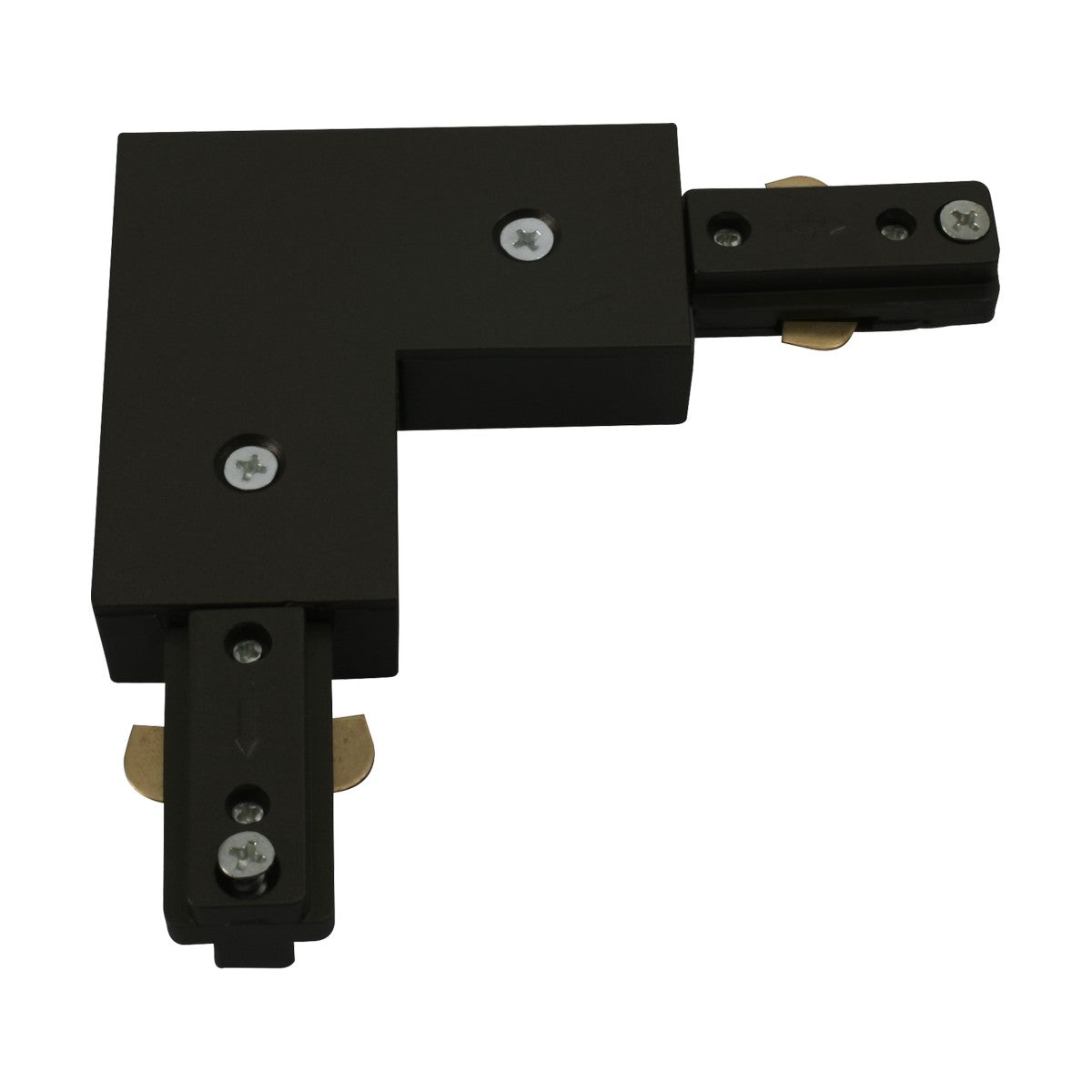 The Track L Right Angle Connector - Black is an L-shaped metal connector designed for track lighting systems, featuring screws and contact points. Part of the TRKSPxx series, it has two sections that extend at a right angle, each equipped with metal tabs and arrows to indicate the electrical direction within power tracks.