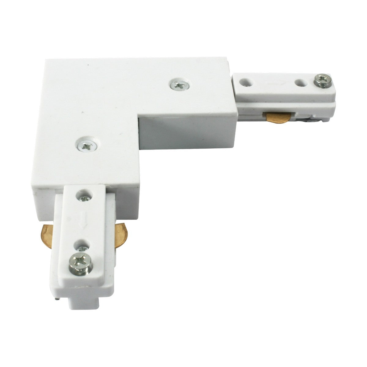 The Track L Right Angle Connector in white features metal contacts and screw fittings, perfect for securely connecting power tracks at a right angle.