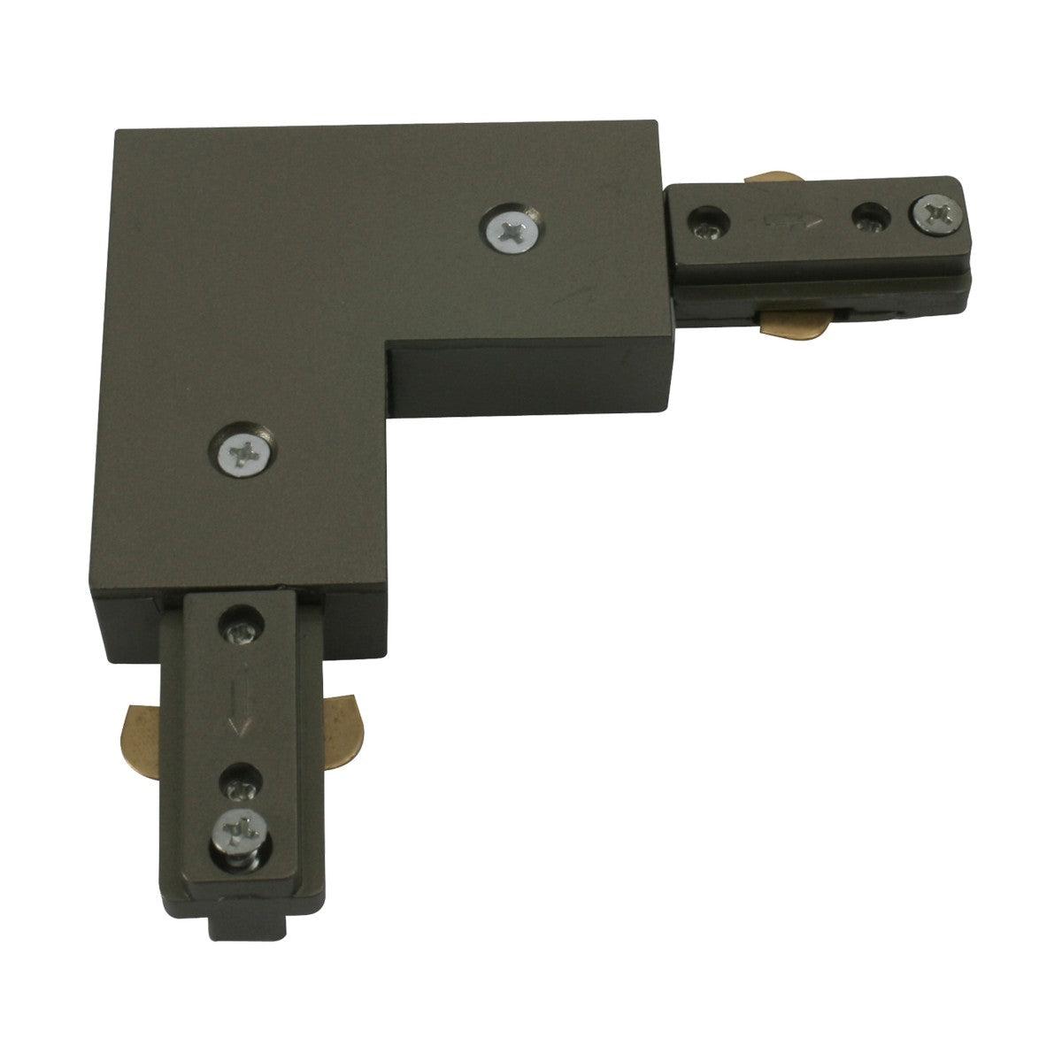 A satin nickel L-corner connector from the Track L series, featuring four screw fastenings and two chrome-colored sliding mechanisms on each end of the longer sides. Perfectly designed for integrating power tracks efficiently.