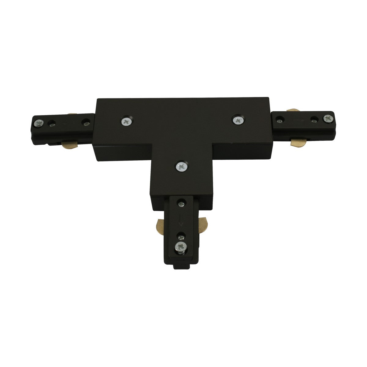 The Track T-Connector - Black, designed with metal components and screws, is tailored for TRKSPxx series track lighting systems against a white background. It offers three connection points for easy attachment to power tracks.